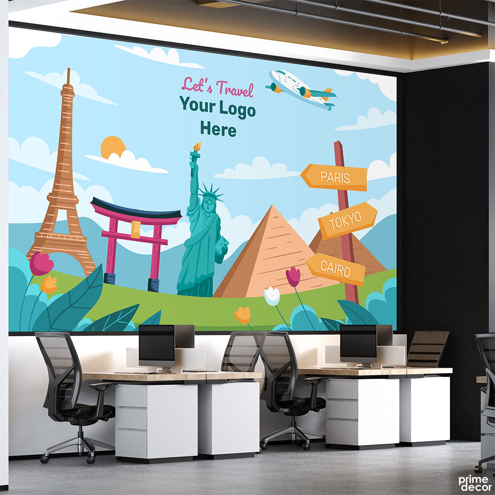 Colorful Famous Landmarks With Custom Logo | Travel Wallpaper Mural - Prime Décor
