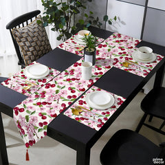 Pink Cherry Blossom Flowers with Juicy Red Cherries | Table Runner and Placemat Set