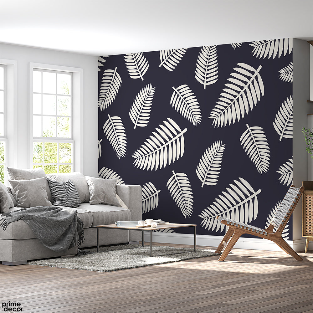 Charcoal & Pale Exotic Tropical Leaves | Floral Wallpaper Mural - Prime Décor