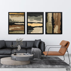 Gold, Charcoal & Olive Textured Abstract Layers (3 Panel) Modern Wall Art