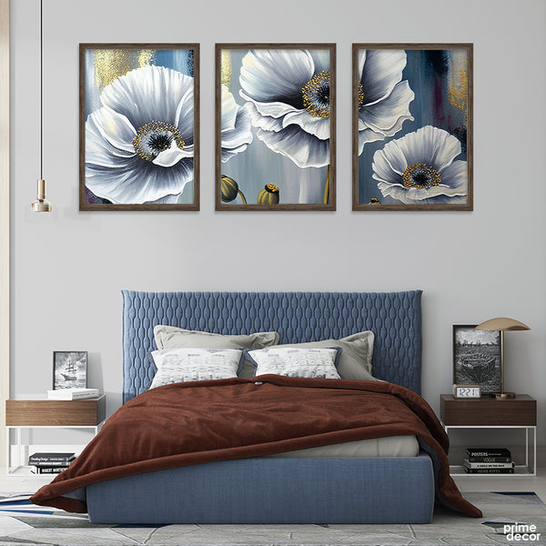 Beautiful White Flower Over Blue Background (3 Panel) Floral Wall Art - Prime Décor
