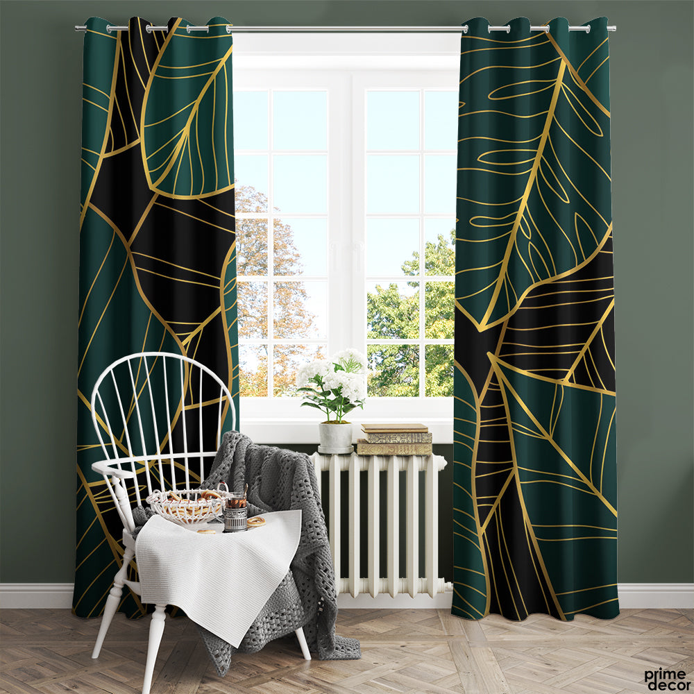 Emerald Green & Gold Leaves | Nordic Curtains #013 - Prime Décor