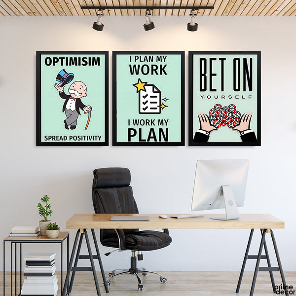 Optimism Plan Work Typography Motivation (3 Panel) Motivational Wall Art