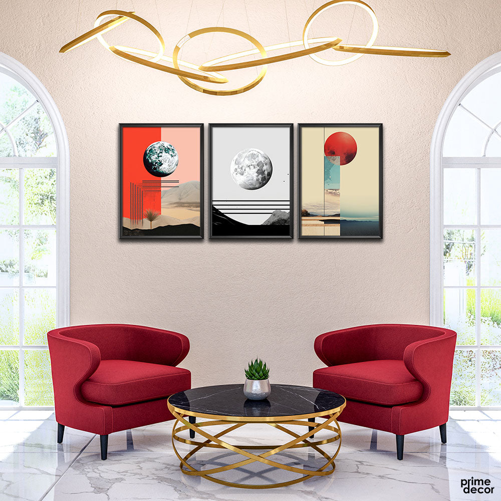 Minimal Red Planet Set (3 Panel) Nordic Wall Art - Prime Décor