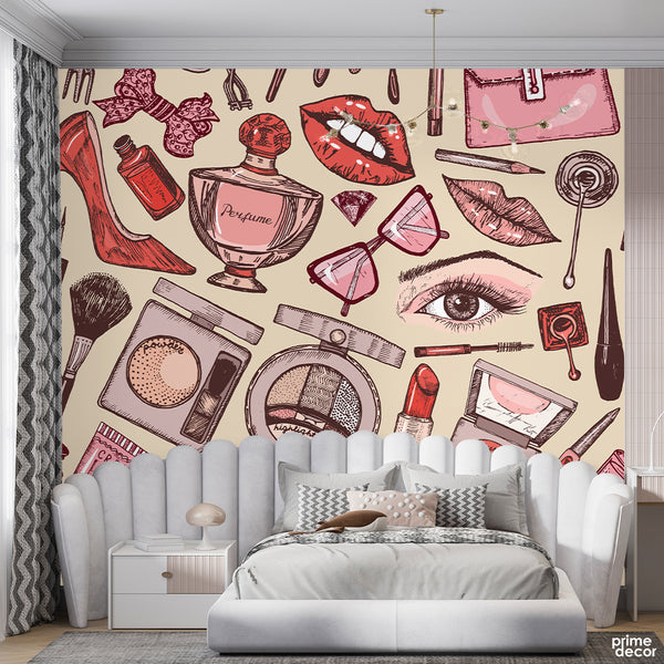 Red & Pink Salon Elements With Skin Background | Fashion Wallpaper Mural