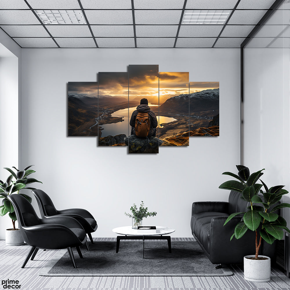 Guy Sitting On Mountain Over The Lake (5 Panel) Landscape Wall Art - Prime Décor