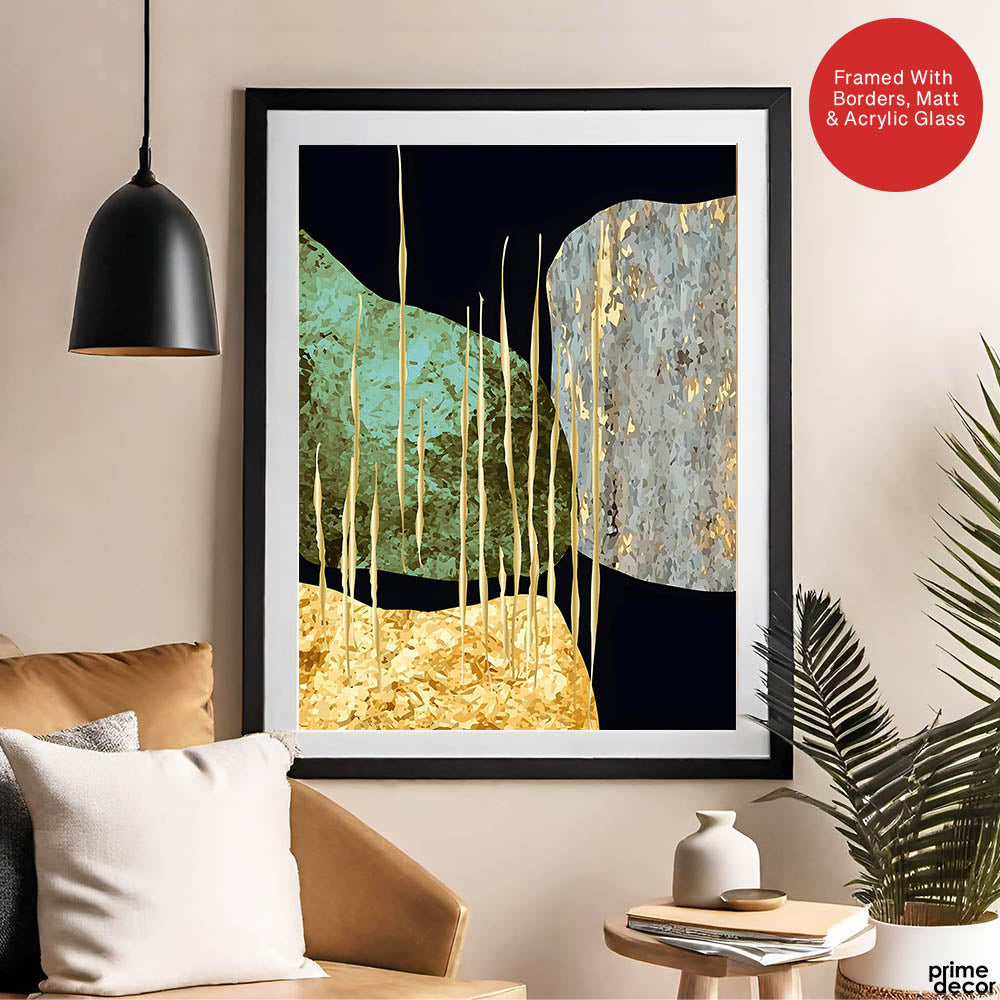 Sea Green Grey & Gold Metallic Design On Blue Background | Abstract Office Artwork #0013 - Prime Décor