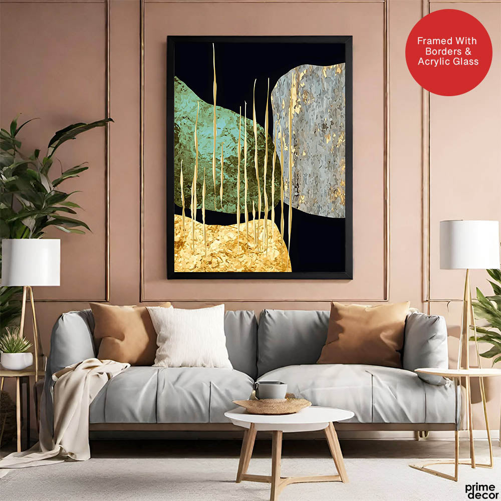 Sea Green Grey & Gold Metallic Design On Blue Background | Abstract Office Artwork #0013 - Prime Décor