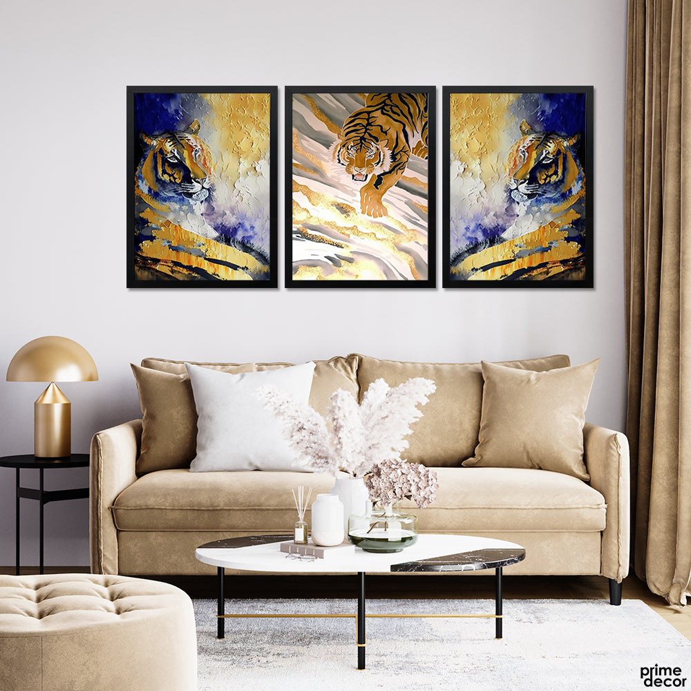 Tan & Navy Tiger Knife Work Style (3 Panel) Office Wall Art On Sale - Prime Décor