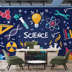 Science Typography With Icons On Blue Background | Office Wallpaper Mural