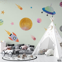 Watercolor Astronaut Space Stars & Planets On Light Green Background | Kids Wallpaper Mural - Prime Décor