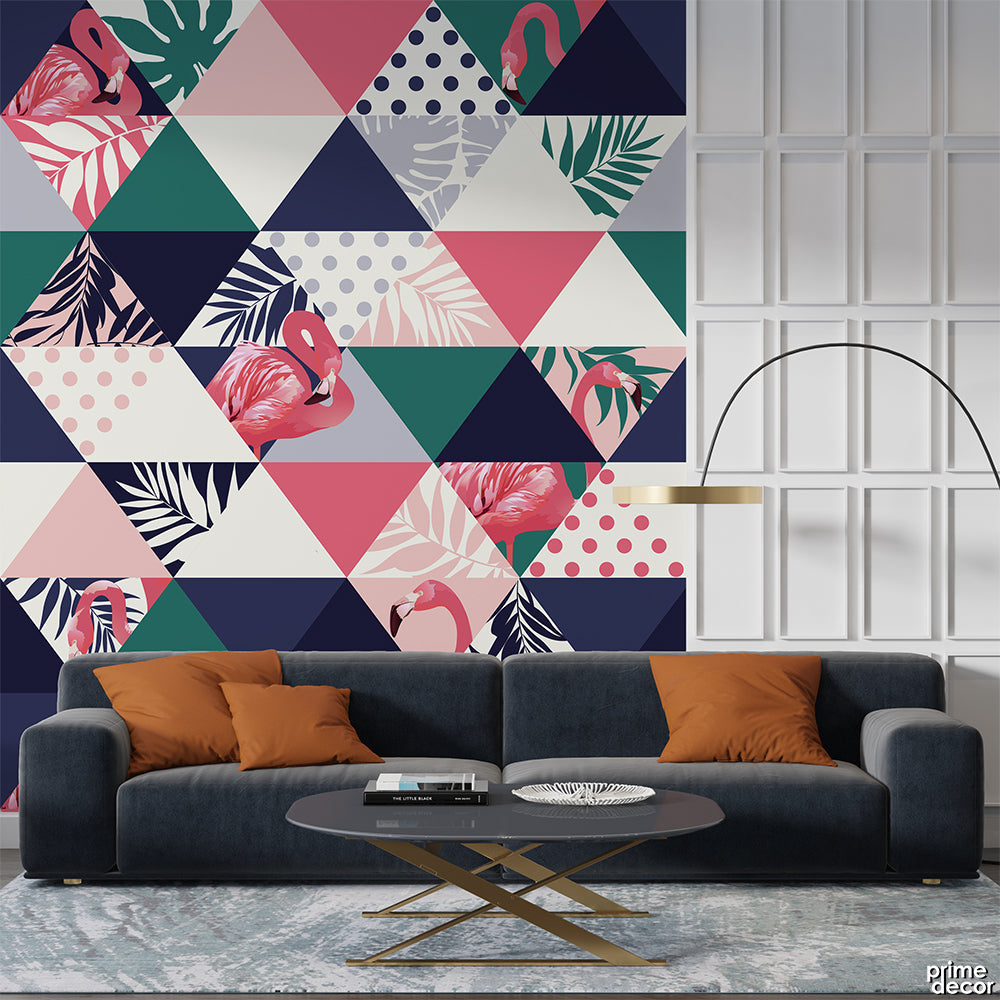 Pastel Tropical Triangles With Exotic Flamingos | Floral Wallpaper Mural - Prime Décor