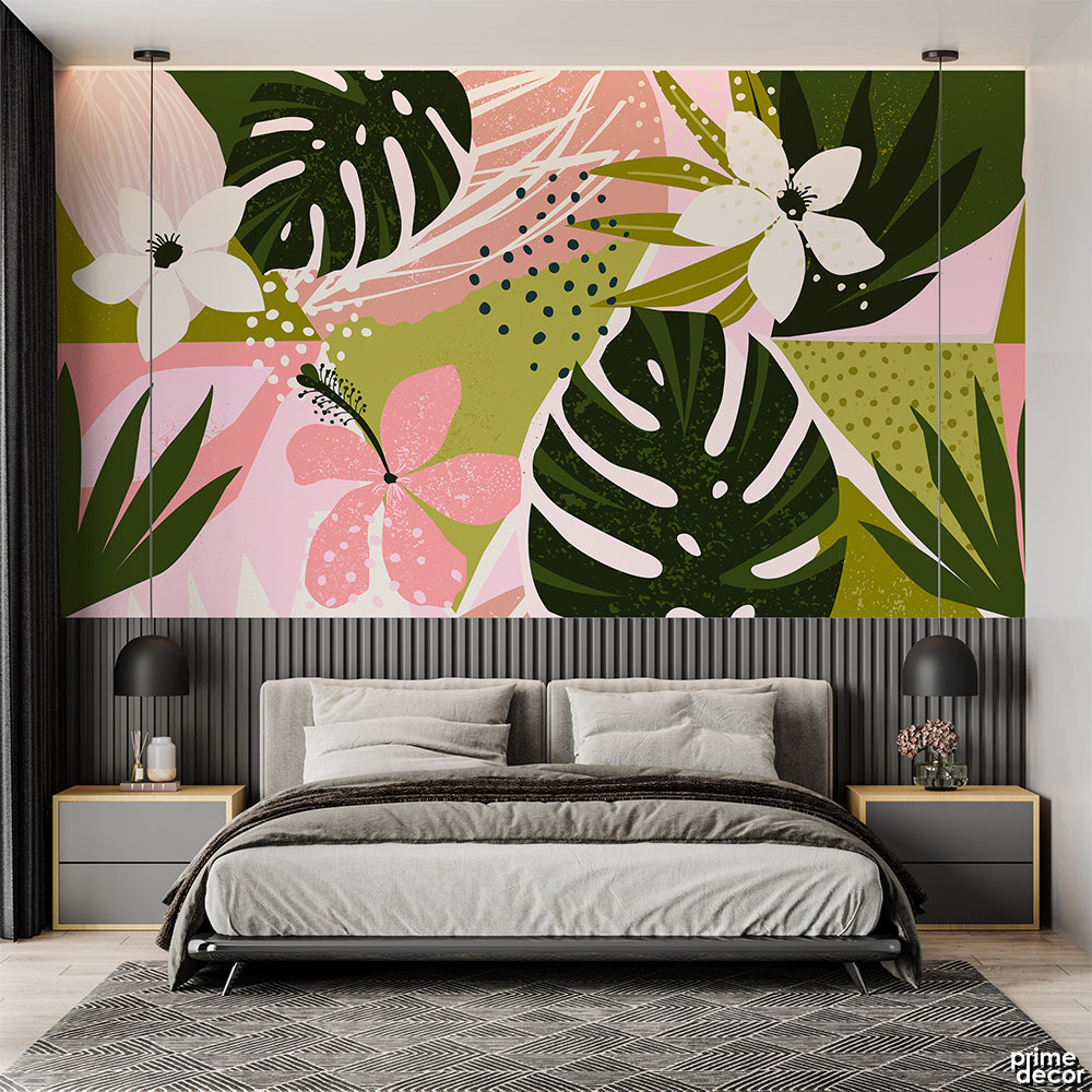 Olive & Pink Botanical Exotic Leaves | Floral Wallpaper Mural - Prime Décor