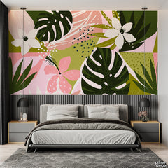 Olive & Pink Botanical Exotic Leaves | Floral Wallpaper Mural - Prime Décor