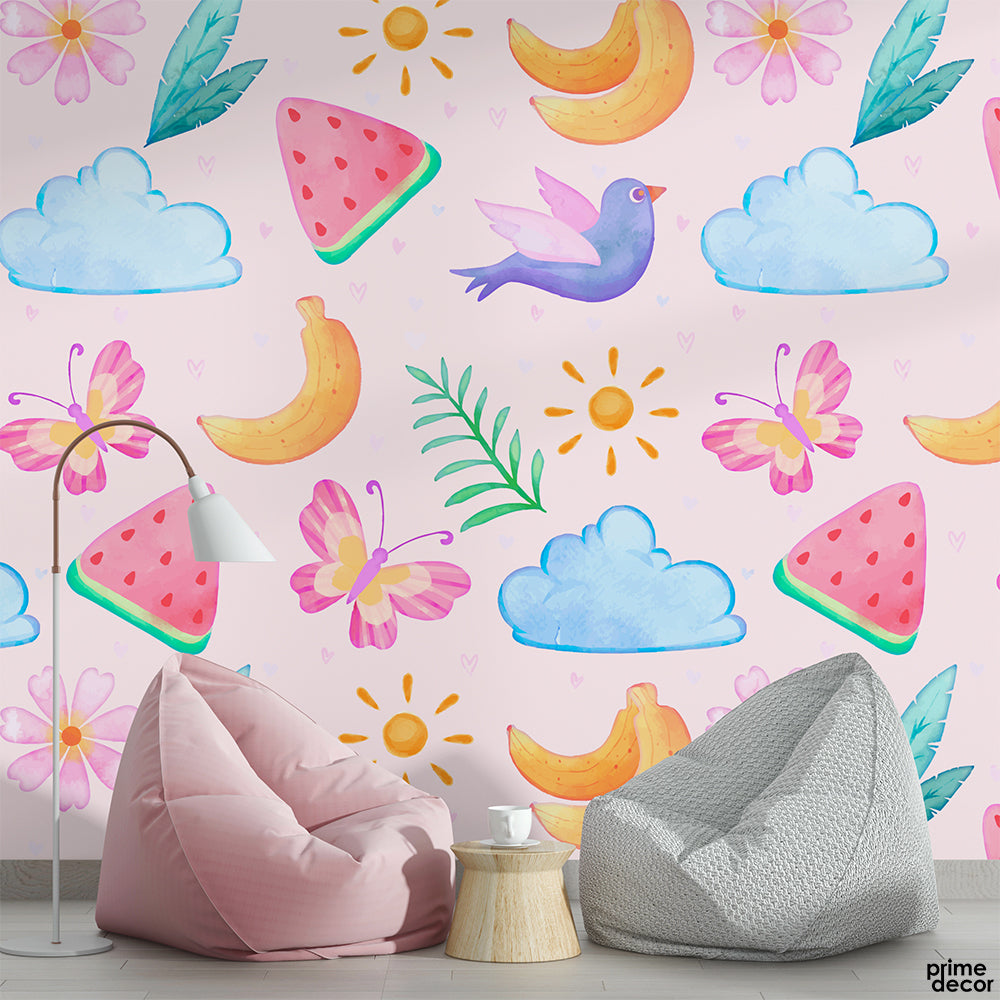 Watercolor Pink Butterflies & Watermelon Cute Illustration | Nursery Wallpaper Mural - Prime Décor