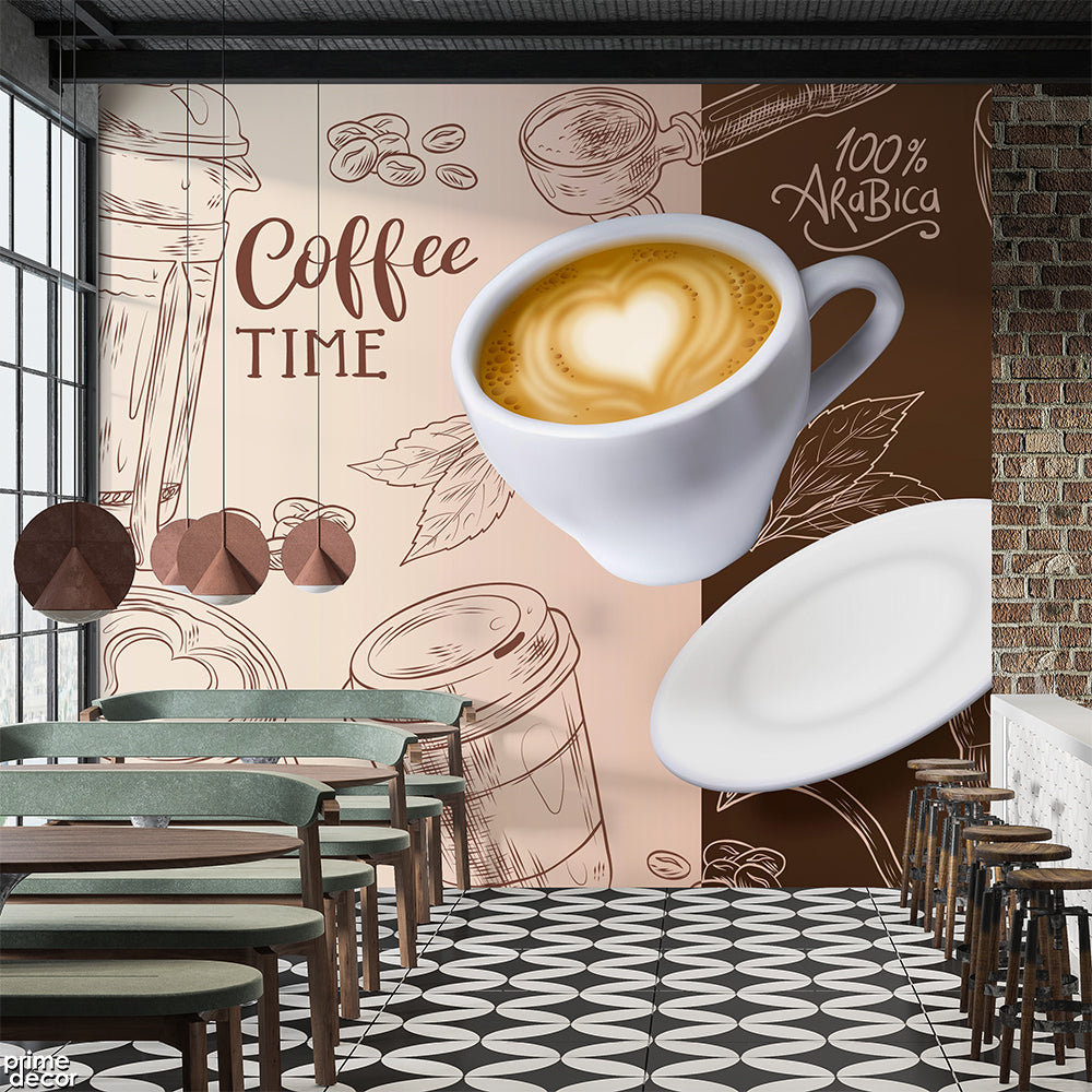 Coffee Cup With Brown Coffee Time Typography | Cafe Wallpaper Mural - Prime Décor