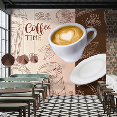 Coffee Cup With Brown Coffee Time Typography | Cafe Wallpaper Mural - Prime Décor