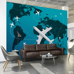 Plane Over Pacific Blue World Map | Travel Wallpaper Mural - Prime Décor