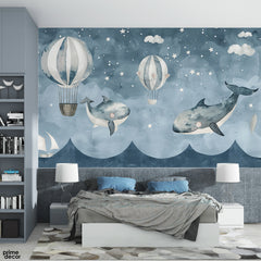Hot Balloons With Sharks & Stars In The Sky | Kids Wallpaper Mural