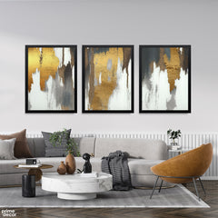 Gold, Charcoal & White Abstract Textured Brushstrokes (3 Panel) Modern Wall Art