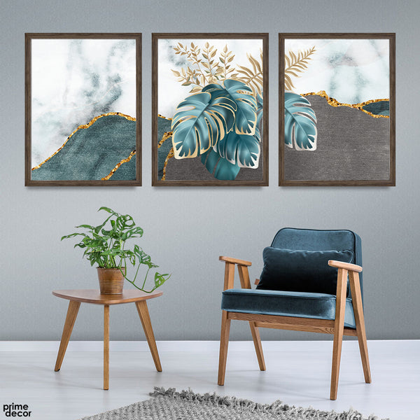 Abstract Mint Green & Gold Leaves Over White Clouds Background (3 Panel) Floral Wall Art