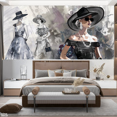 Elegant Fashion Models & Hats With Grayscale Watercolor Background | Modern Chic Wallpaper Mural