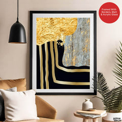 Grey & Gold Metallic Design On Blue Background | Abstract Office Artwork #0014 - Prime Décor