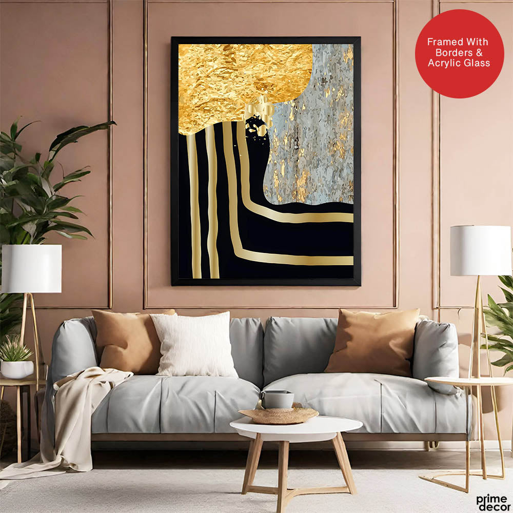 Grey & Gold Metallic Design On Blue Background | Abstract Office Artwork #0014 - Prime Décor