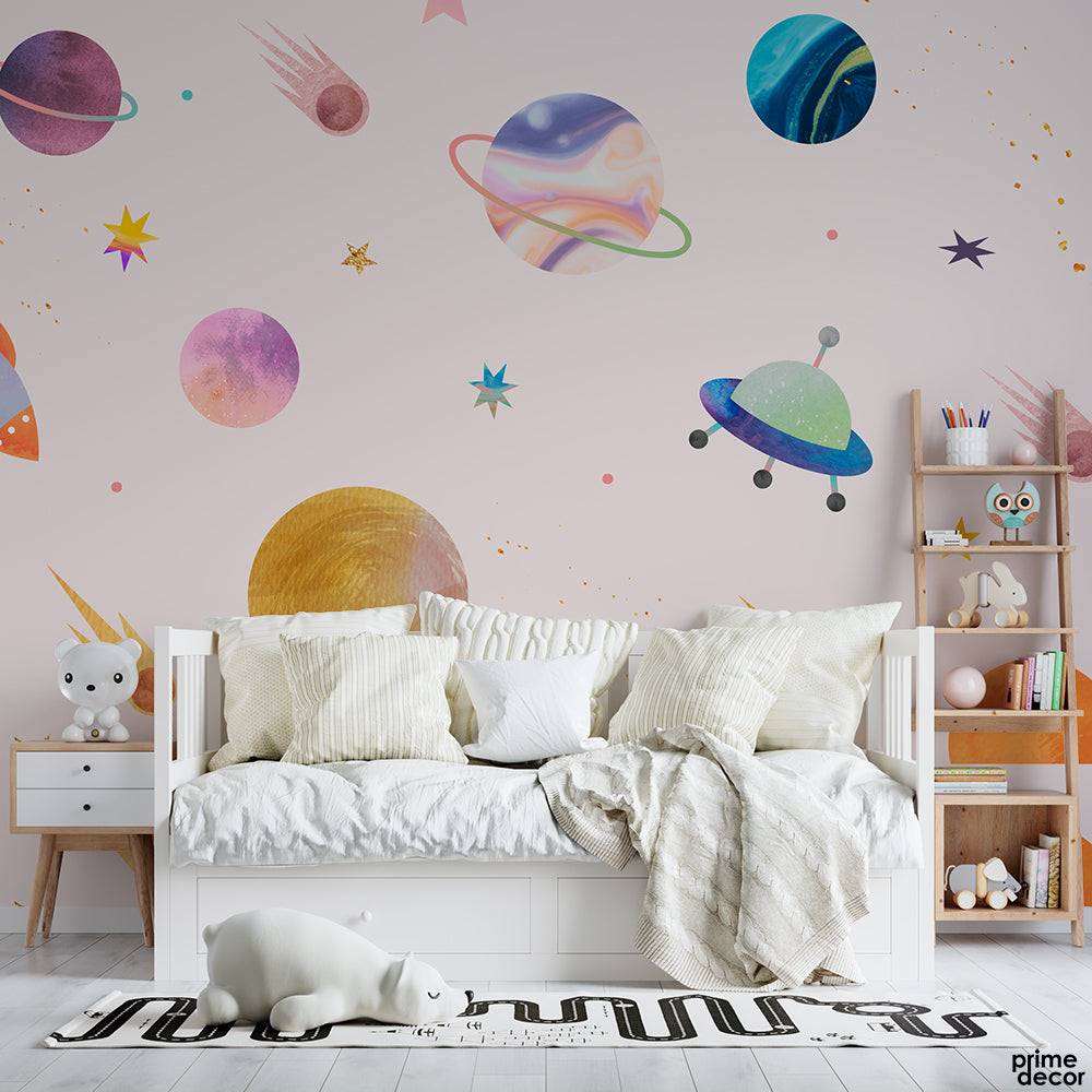 Baby Pink Astronaut Space Stars & Planets Watercolor Style | Kids Wallpaper Mural - Prime Décor