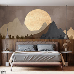 Abstract Mountains Artwork With Golden Moon | Abstract Wallpaper Mural