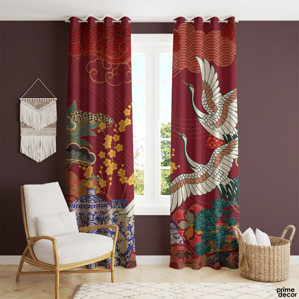 Classic Chinese Cranes & Vases With Vibrant Red Background | Nordic Curtains #152 - Prime Décor