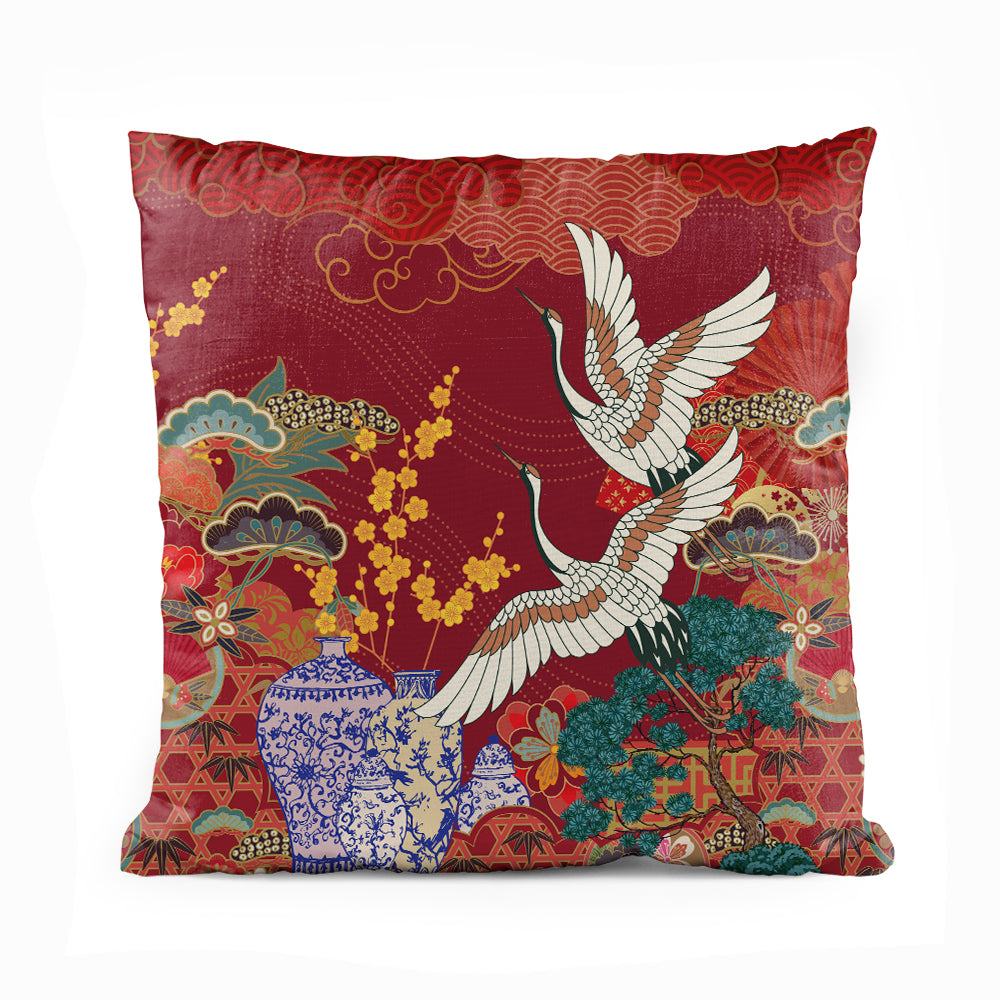 Classic Chinese Cranes & Vases With Vibrant Red Background | Nordic Cushion #152 - Prime Décor