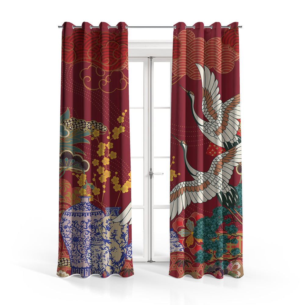 Classic Chinese Cranes & Vases With Vibrant Red Background | Nordic Curtains #152 - Prime Décor