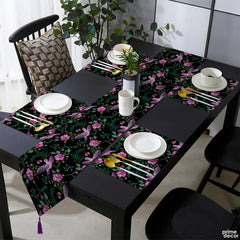 Magenta Sparrow & Flowers in Green Leaves Embroidery Style | Table Runner and Placemat Set