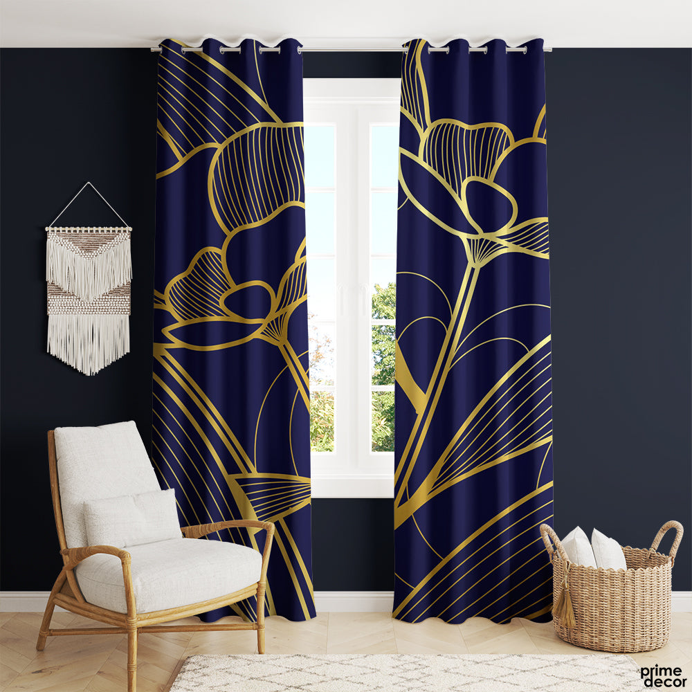 Deep Blue & Gold Gradient Linear Flowers | Floral Curtains #153 - Prime Décor