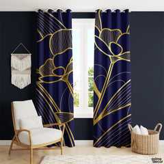 Deep Blue & Gold Gradient Linear Flowers | Floral Curtains #153 - Prime Décor
