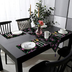 Magenta Sparrow & Flowers in Green Leaves Embroidery Style | Table Runner and Placemat Set