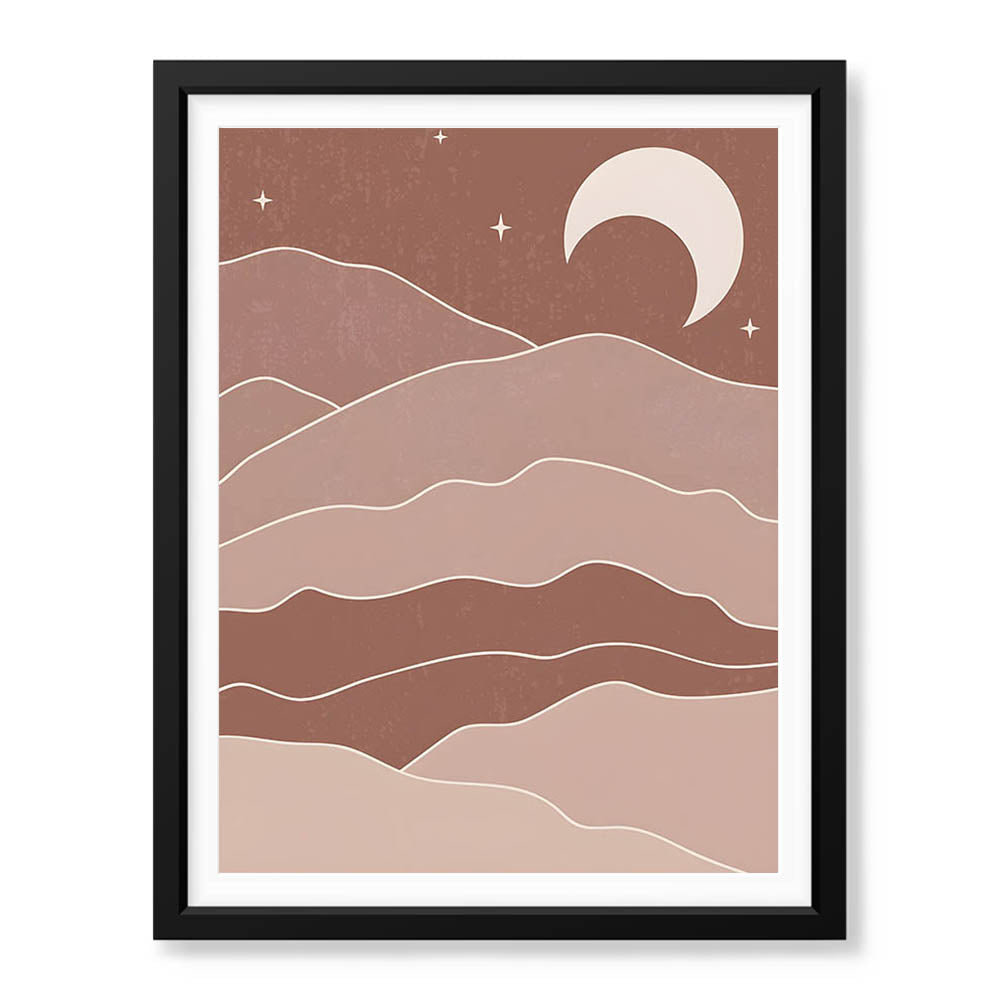 Brown & Beige Abstract Mountains Portrait With White Moon | Abstract Office Artwork #00155 - Prime Décor