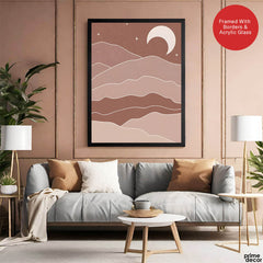 Brown & Beige Abstract Mountains Portrait With White Moon | Abstract Office Artwork #00155 - Prime Décor
