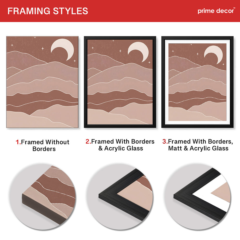 Brown & Beige Abstract Mountains Portrait With White Moon | Abstract Office Artwork #00155 - Prime Décor