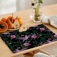 Magenta Sparrow & Flowers in Green Leaves Embroidery Style | Table Runner and Placemat Set