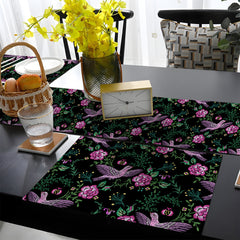 Magenta Sparrow & Flowers in Green Leaves Embroidery Style | Table Runner and Placemat Set