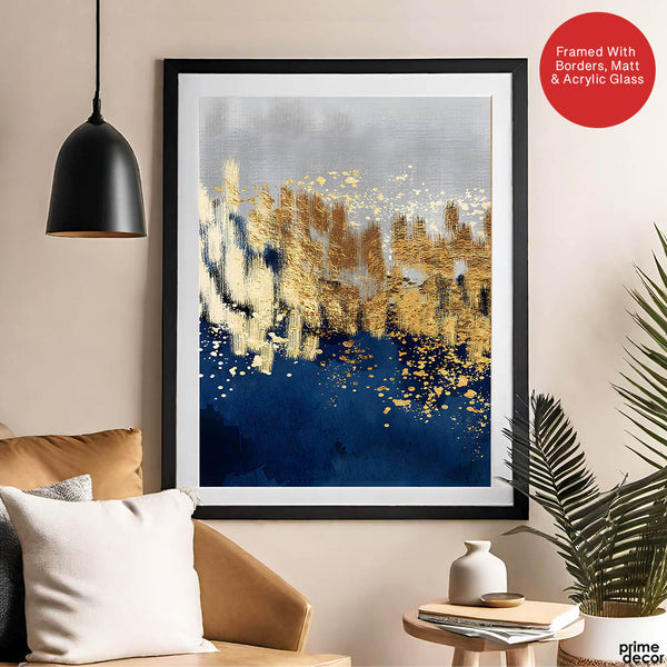 Blue Gold & Grey Abstract Art Design | Abstract Office Artwork #00158 - Prime Décor