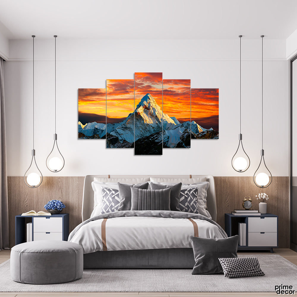 Snowy Mountain Peak In Sunset (5 Panel) Nature Wall Art - Prime Décor