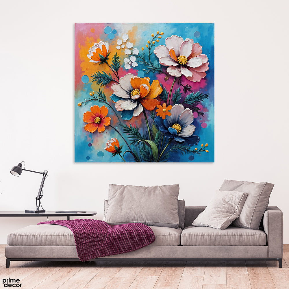 Abstract Colorful Flowers With Green Leaves (Single Panel) Floral Square Wall Art