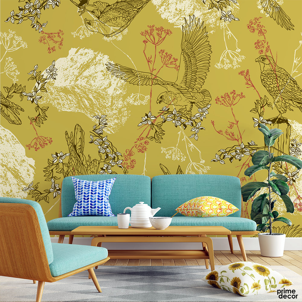 Eagle On Flowery Branches With Green Background | Floral Wallpaper Mural - Prime Décor