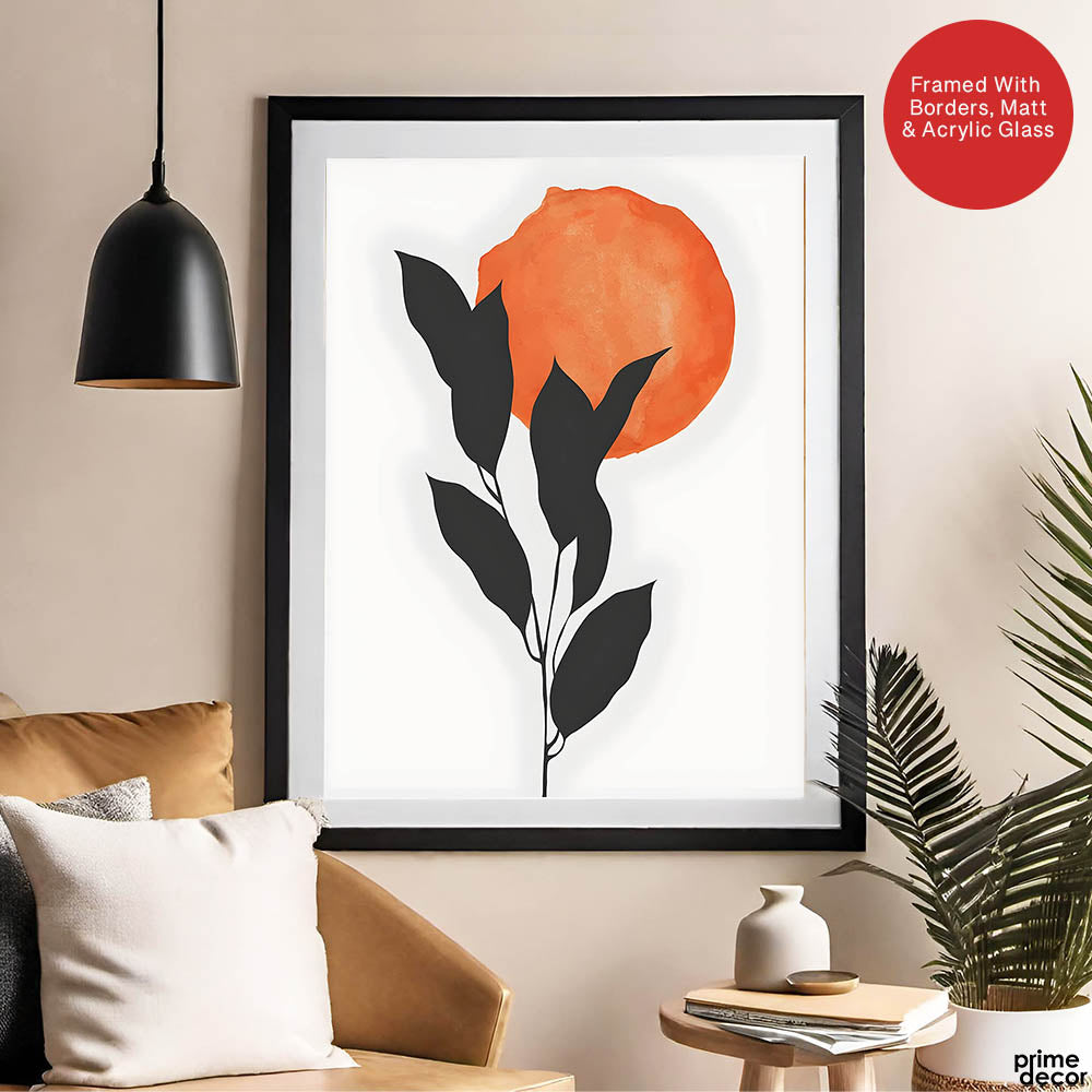 Grey Tropical Leaves With Orange Moon Shape | Abstract Floral Artwork #0015 - Prime Décor
