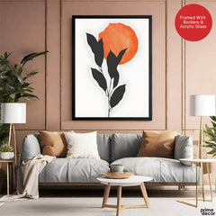 Grey Tropical Leaves With Orange Moon Shape | Abstract Floral Artwork #0015 - Prime Décor