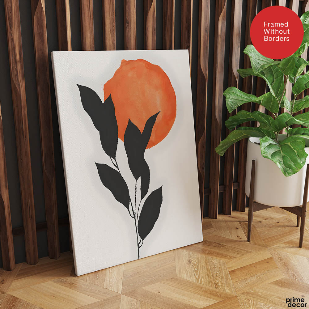 Grey Tropical Leaves With Orange Moon Shape | Abstract Floral Artwork #0015 - Prime Décor