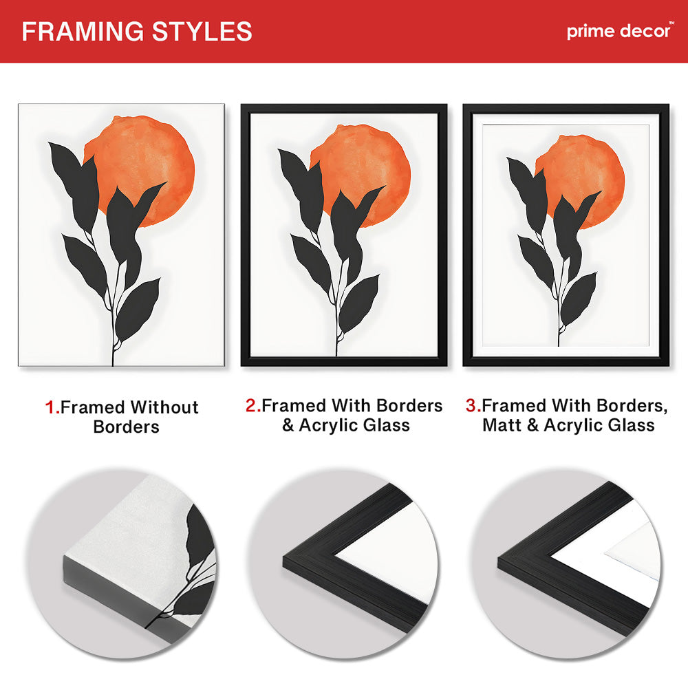 Grey Tropical Leaves With Orange Moon Shape | Abstract Floral Artwork #0015 - Prime Décor